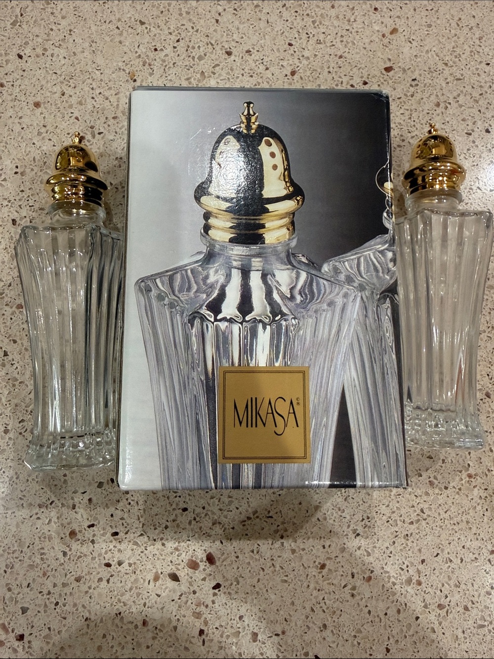 Mikasa Clear Crystal Salt and Pepper Shakers with Gold Caps